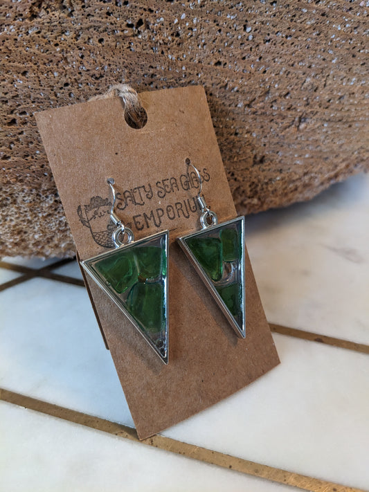 Green Sea Glass Triangle Earrings