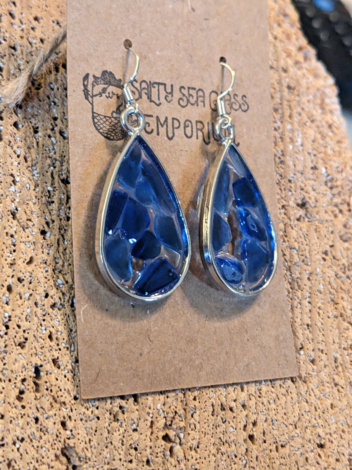 Blue Sea Glass Set in Teardrop Earrings