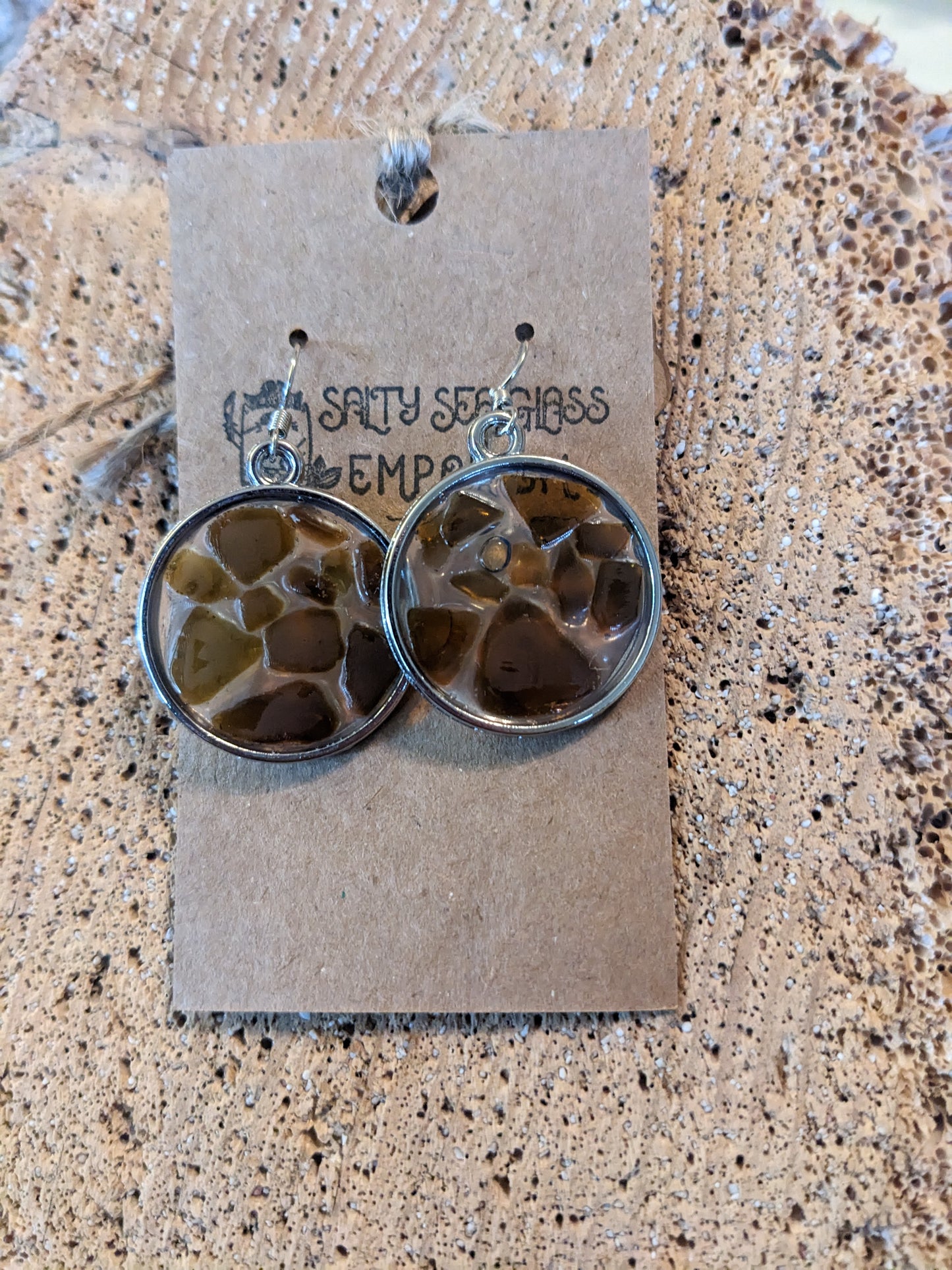 Brown Sea Glass Set in Round Earrings