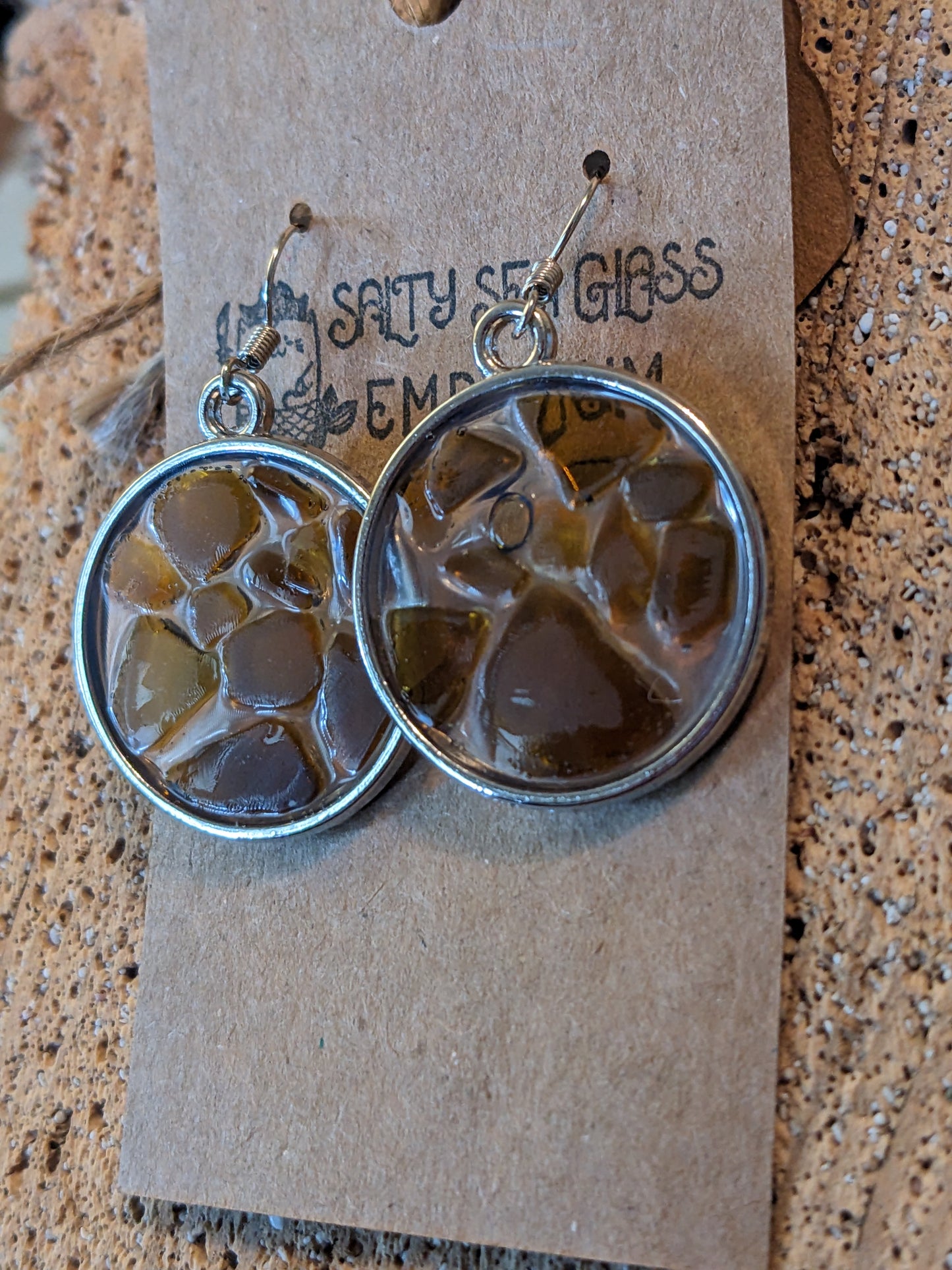 Brown Sea Glass Set in Round Earrings