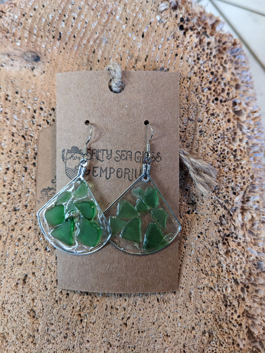 Green Sea Glass Set in Fan Shaped Earrings