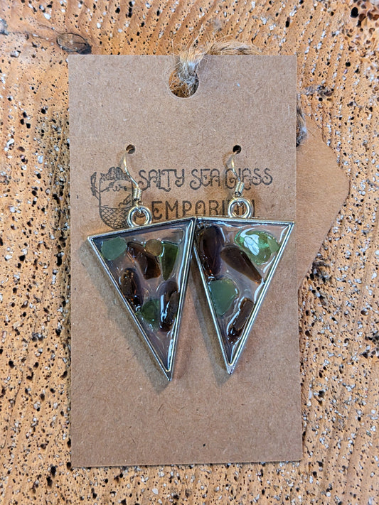 Brown and Green Sea Glass Set in Triangle Earrings
