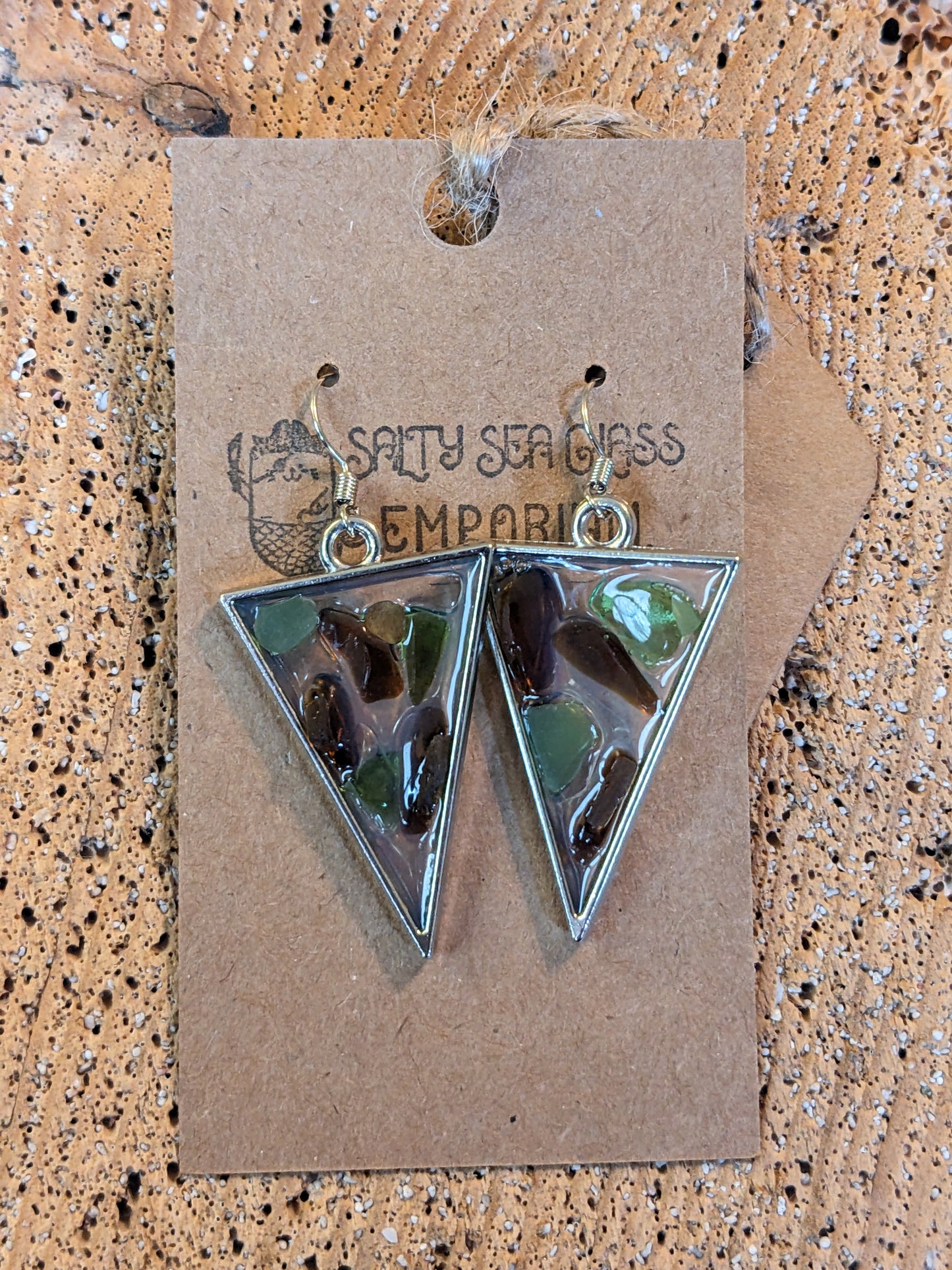 Brown and Green Sea Glass Set in Triangle Earrings